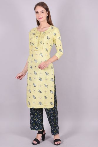 Yellow Printed Handwork Kurta With Palazzo Set