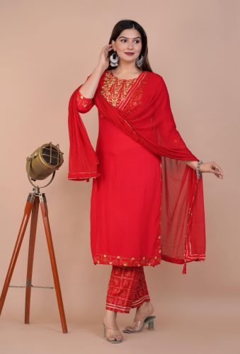 Ethnic Red Heavy Embroidered Kurta With Palazzo & Dupatta