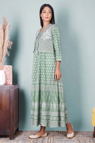 Light Green Printed Long Rayon Kurta with Embroidered Jacket