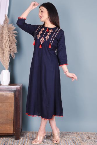 Solid Blue Embroidered Rayon A-Line Kurta