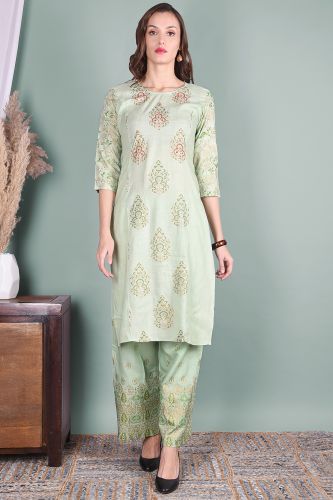 Pista Green Printed Rayon Kurta with Printed Palazzo Pant Set