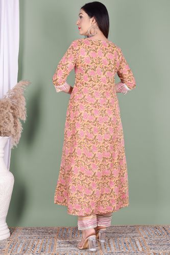 Nude & Pink Floral Printed A-Line Cotton Kurta With Printed Palazzo & Dupatta