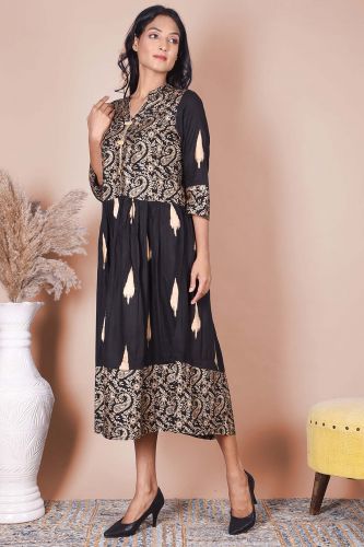 Gold Printed Black Rayon Kurta 