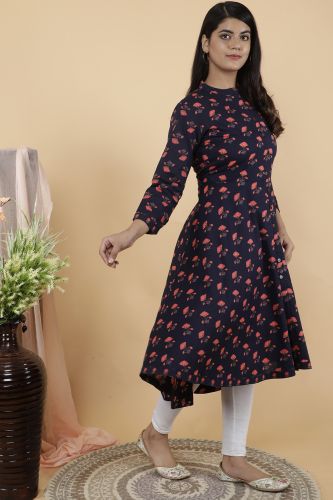 Navy Blue Floral Printed A-Line Flared Cotton Kurta