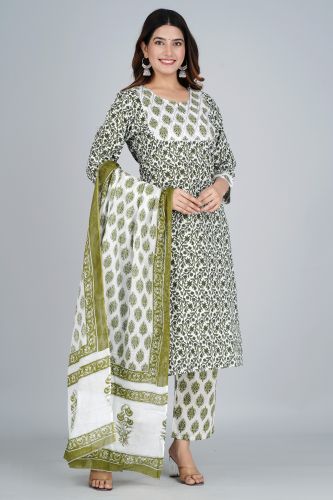 White With Green Print Cotton Kurti With Printed Palazzo and Cotton Dupattaa