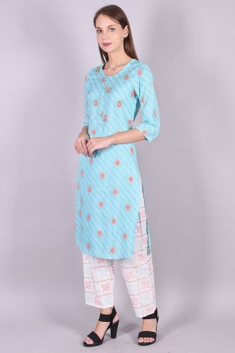 Handwork Sky Blue Kurta with Printed Palazzo