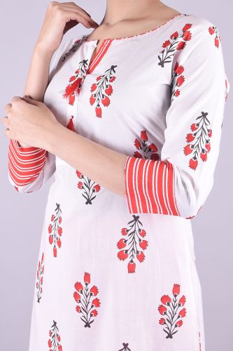 White and Red Printed A-Line Kurta With Palazzo Pants