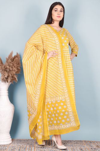 Cotton A-Line Yellow Kurta Eith Striped Palazzo