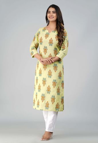 Green Floral Printed Straight Cotton Kurta