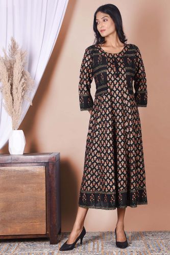 Black & Golden Printed A-Line Kurta With Jacket