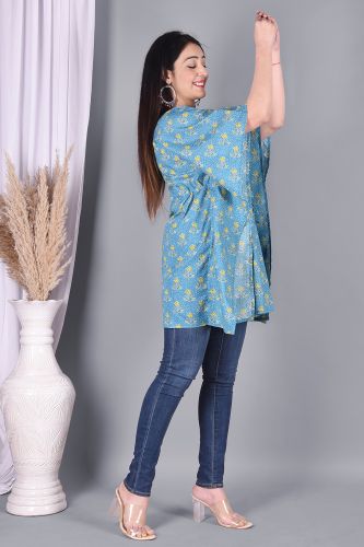 Blue Floral Printed Kaftan Cotton Top