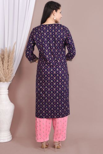 Blue Rayon Mirror Work & Ethnic Printed  Kurta With Palazzo