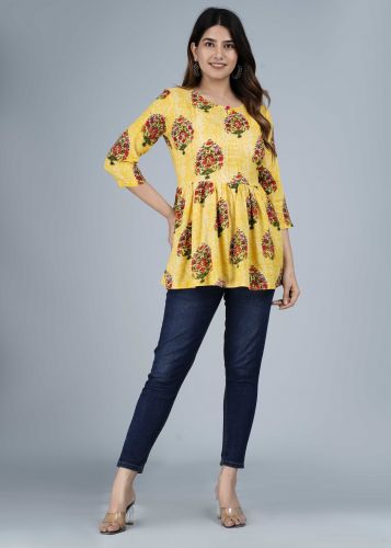 Mustard Ethnic Printed Pleated Rayon Top