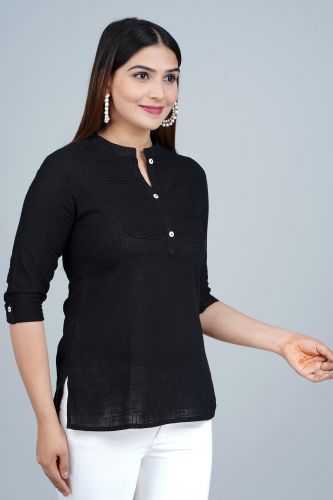 Black Solid Pleated Cotton TopBlack Solid Pleated Cotton Top