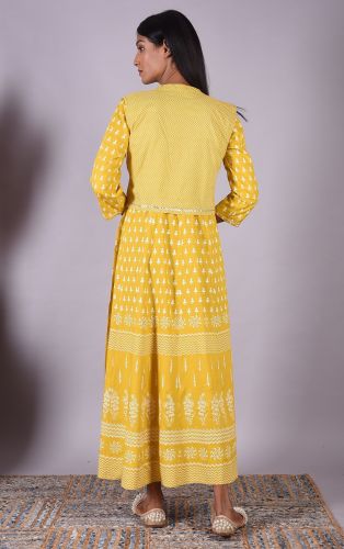 Yellow Printed Long Cotton Kurti with Embroidered Jacket