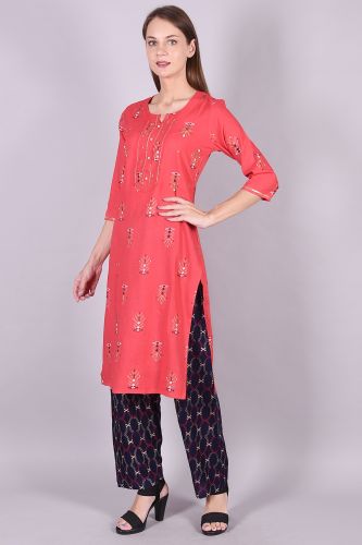 Gold Printed Pink Rayon Kurta with Handwork & Gold Printed Palazzo