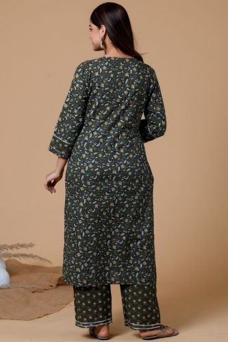 Green Floral Printed A-Line Cotton Kurta With Handwork, Printed Palazzo & Dupatta