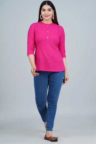 Pink Solid Pleated Cotton Top