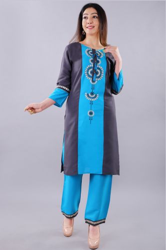 Blue Embroidered Straigth Rayon Kurta With Solid Palazzo