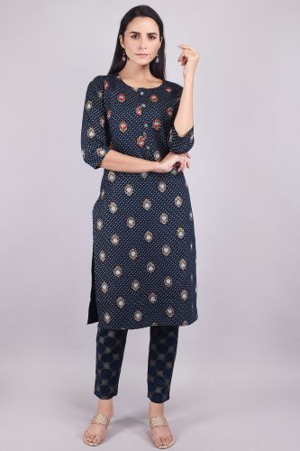 Navy Blue Printed Ethnic Cotton Kurta Trouser Set