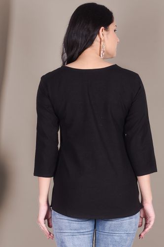 Solid Black Cotton Top With Handwork