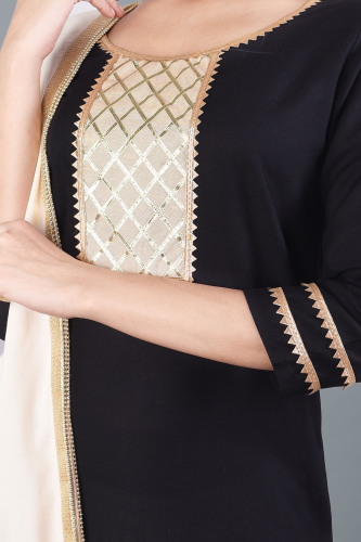 Solid Black Kurta with Off-white Skirt Dupatta Set