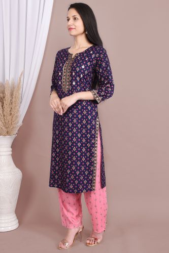 Blue Rayon Mirror Work & Ethnic Printed  Kurta With Palazzo