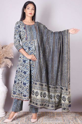 Blue Printed Anarkali Cotton Kurta with Printed Palazzo and Dupatta Set