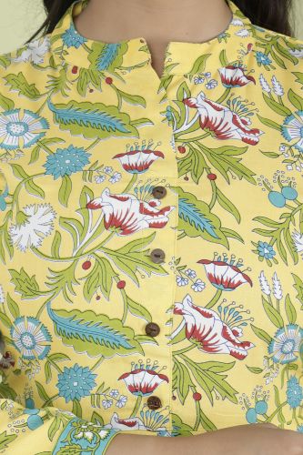 Mustard floral Printed A-Line Flared Cotton Kurta