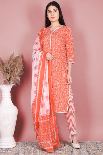 Premium Cotton Orange and White Cotton Printed Straight-Fit Kurta Palazzo with Dupatta