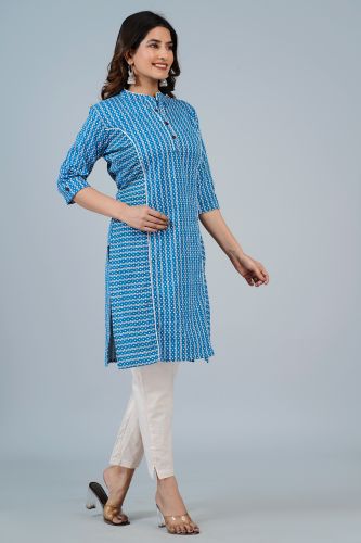 Blue Printed Straight Cotton Kurta