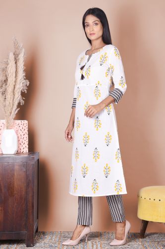 White & Black Printed Kurta With Striped Palazzo 