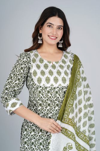 White With Green Print Cotton Kurti With Printed Palazzo and Cotton Dupattaa