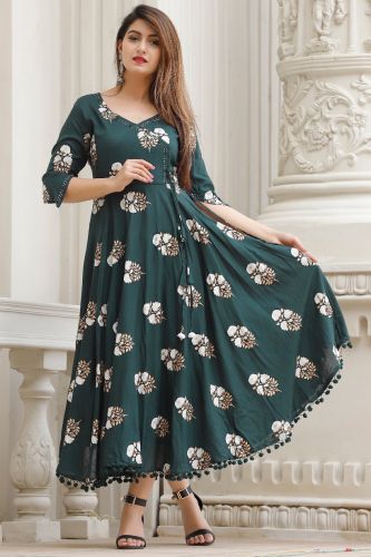 Bottle Green Floral Printed Anarkali Kurta With Striped Printed Dupatta 