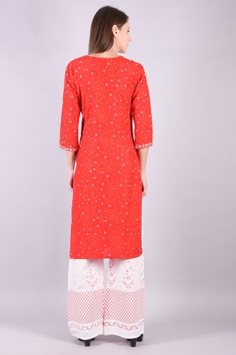 Embroidered Red and White Bandhani Kurta Palazzo Set