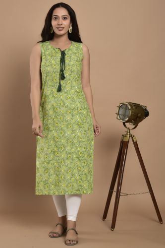 Light Green Printed Sleeveless Cotton Kurta