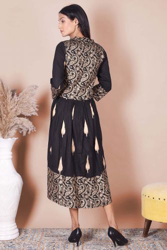 Gold Printed Black Rayon Kurta