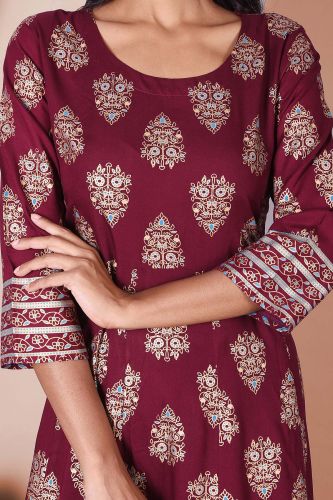Maroon and Golden Printed Long Rayon Kurta