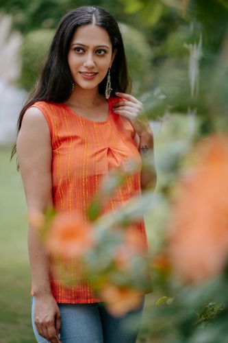 Orange Printed Sleeves Cotton Ethnic Top