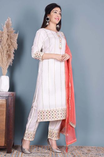 White Ethnic Kurta With Heavy Embroidery With Palazzo & Dupatta