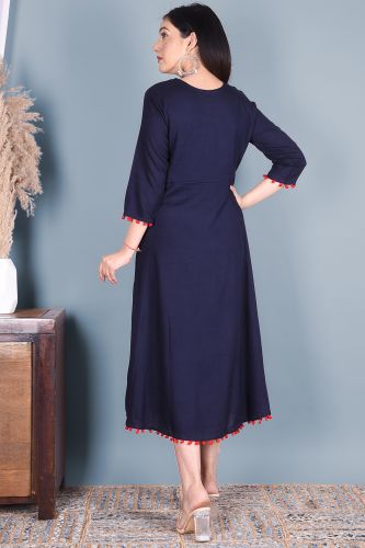 Solid Navy Blue Embroidered Rayon A-Line Kurta