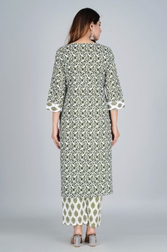 White With Green Print Cotton Kurti With Printed Palazzo and Cotton Dupattaa