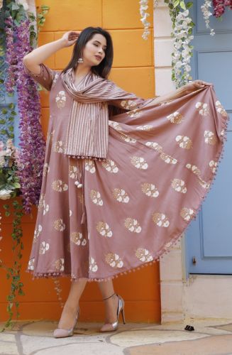 Peach Floral Printed Anarkali Kurta With Striped Dupatta