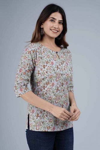 Grey Floral Printed Straight Cotton Top