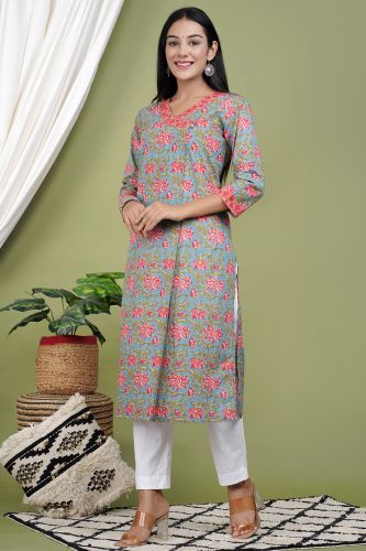 Grey Floral Printed Straight Cotton Kurta