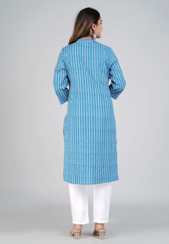 Blue Striped Printed Straight Cotton Kurta