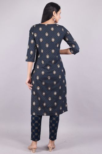 Navy Blue Printed Ethnic Cotton Kurta Trouser Set