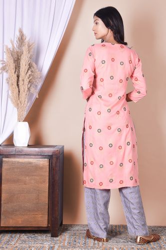 Peach Printed Kurta with Handwork and Printed palazzo Set