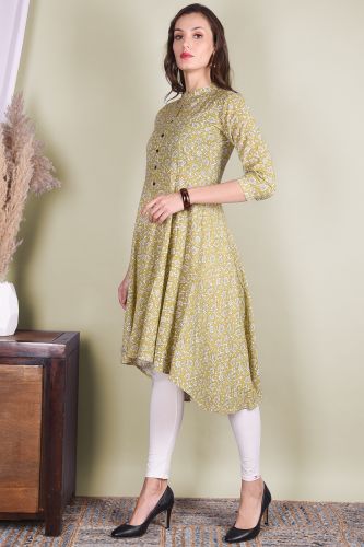 Green Leaf Printed Flared A-Line Cotton Kurta