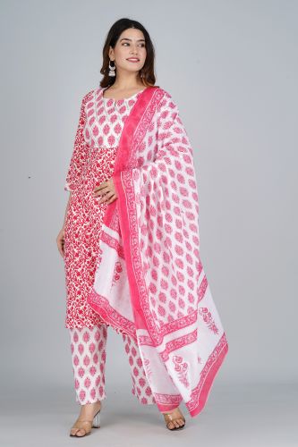 White With Pink Print Cotton Kurti With Printed Palazzo and Cotton Dupattaa